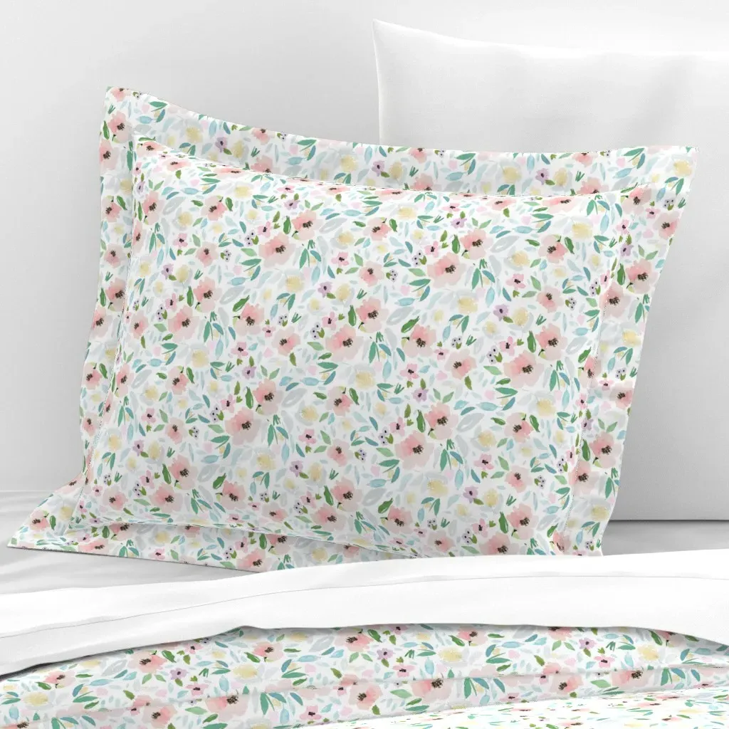 Blush and Sky Blue Florals Free Falling Standard Flanged Pillow Sham - Pink, Cotton Sateen product