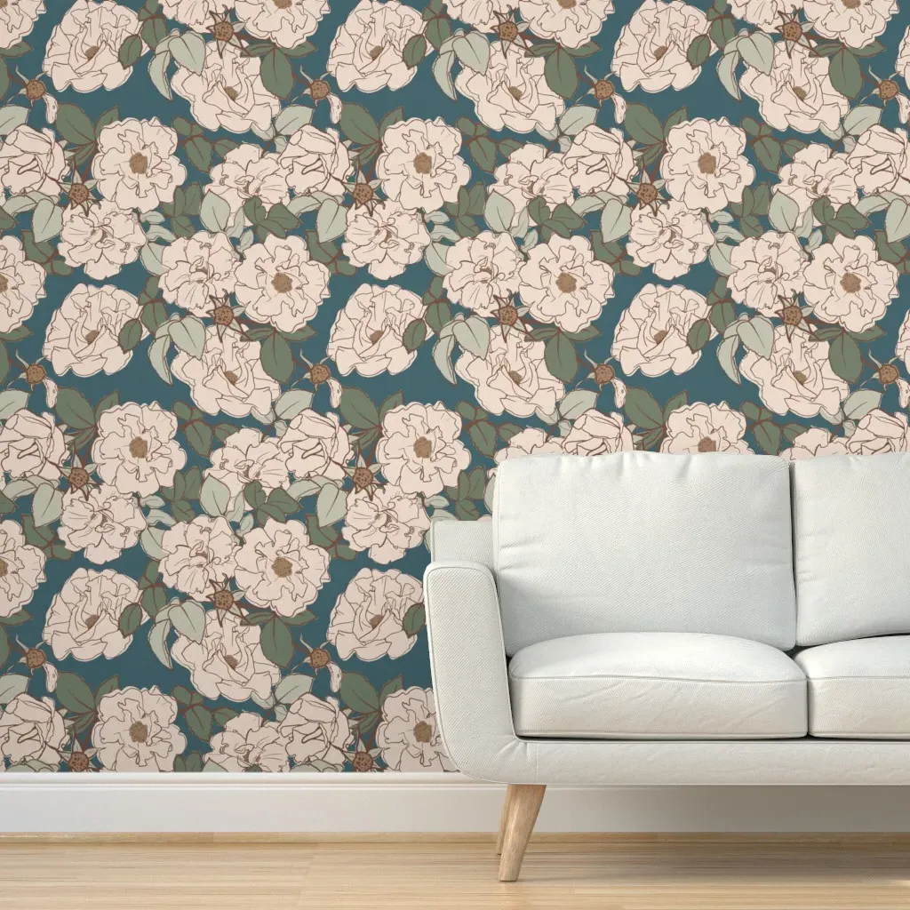 Blush Pink Rose Garden Peel and Stick Wallpaper - Dark Teal product