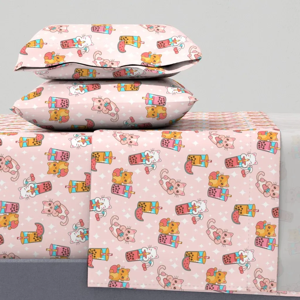 Boba Kittens Queen Sheet Set - Pink product