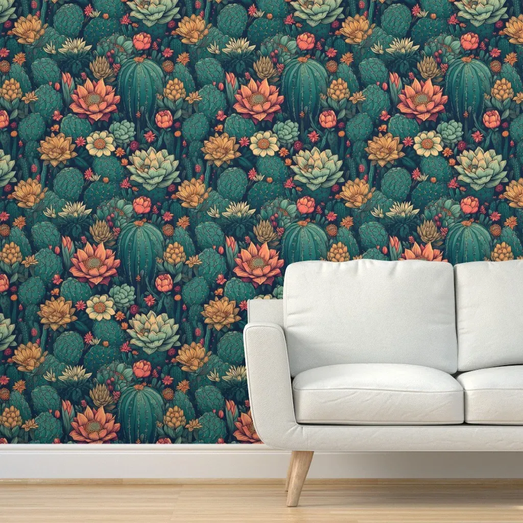 Bohemian Blooming Cactus Peel and Stick Wallpaper - Teal product