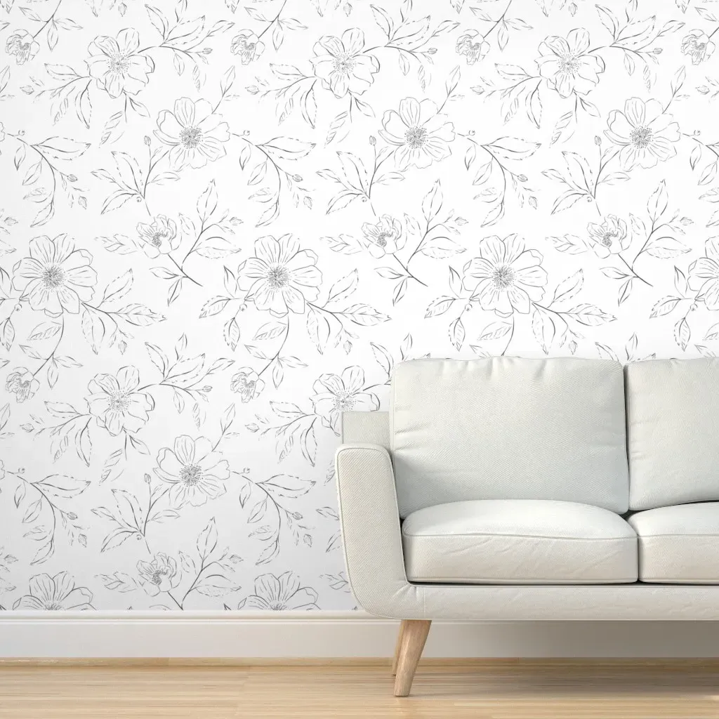 Bohemian Sketched Boho Flowers Peel and Stick Wallpaper - Black, White product