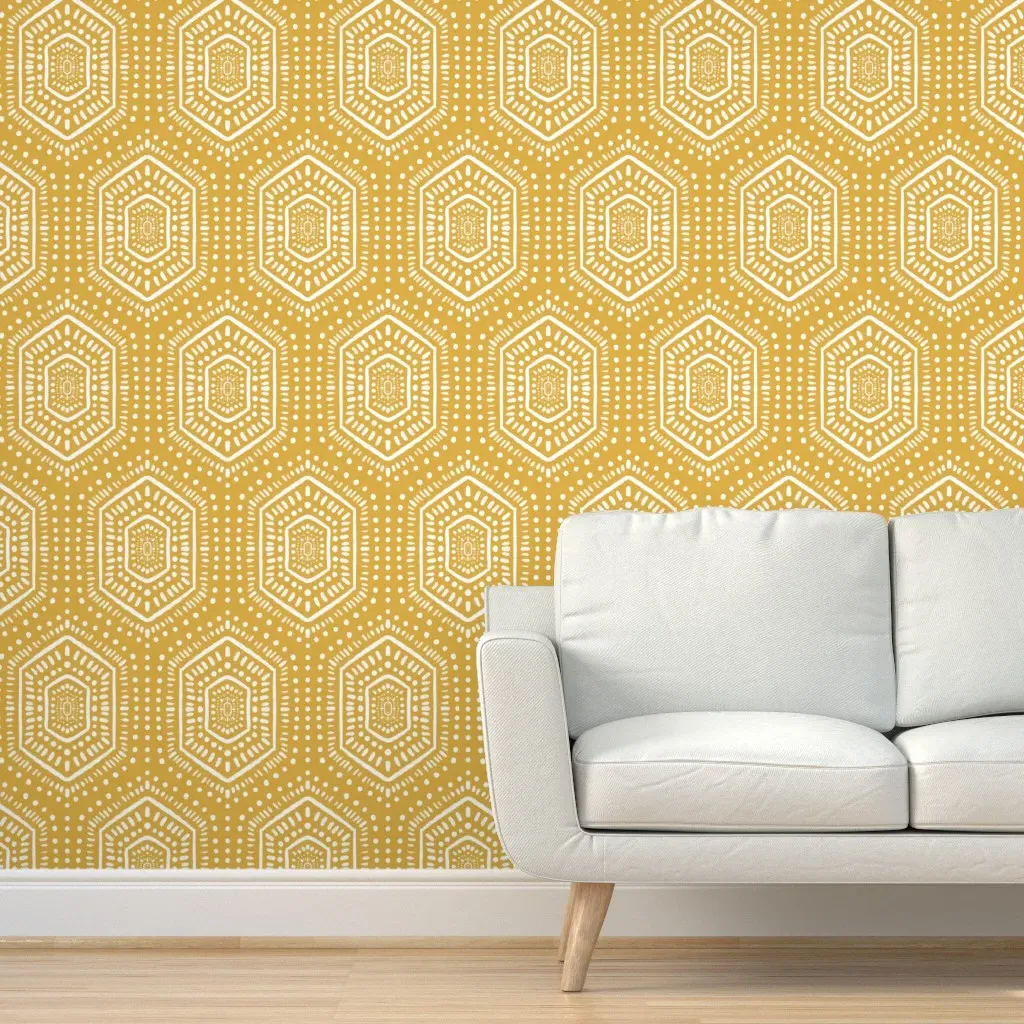 Boho Abstract Mudcloth Hexagons Peel and Stick Wallpaper - Yellow product