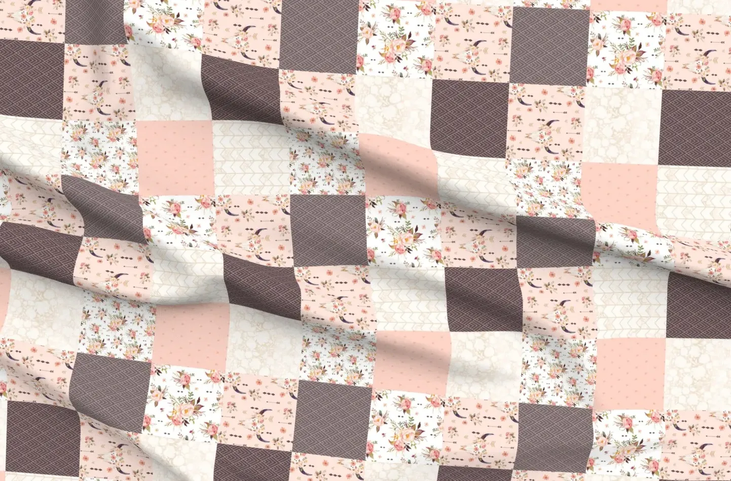 Boho Aztec Bison Skull Flowers Cheater Quilt - Peach, Pique product