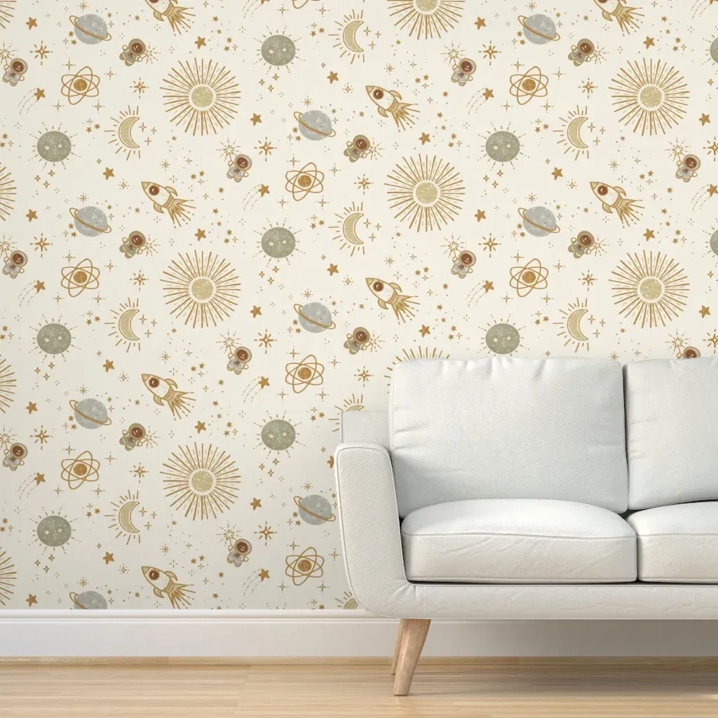 Boho Baby Astronaut Peel and Stick Wallpaper - Sage Gold Grey product