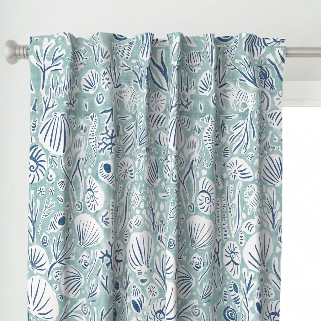 Boho Beach Hand Drawn Sea Curtain Panel - Blue alternate view