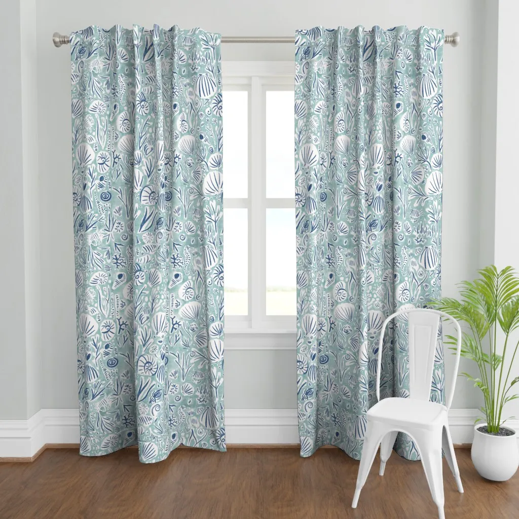 Boho Beach Hand Drawn Sea Curtain Panel - Blue product