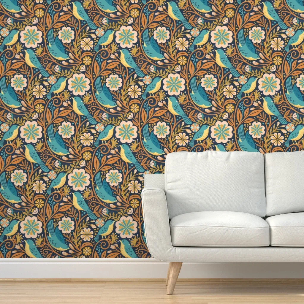 Boho Bird Floral Peel and Stick Wallpaper - Teal product