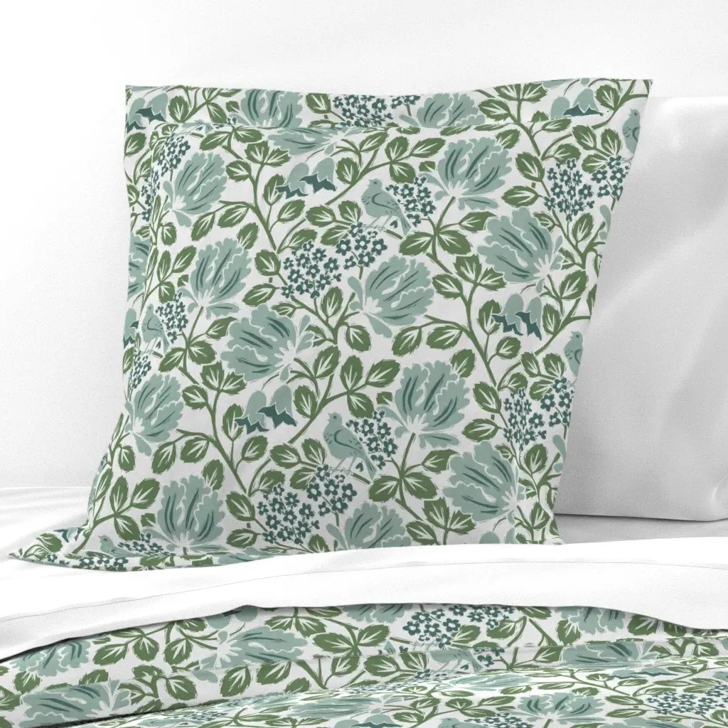 Boho Birds & Floral Vines Linocut Block Print Euro Pillow Sham - Blue-Green product