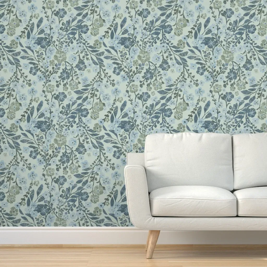 Boho Block Print Floral Peel and Stick Wallpaper - Dusty Blue product
