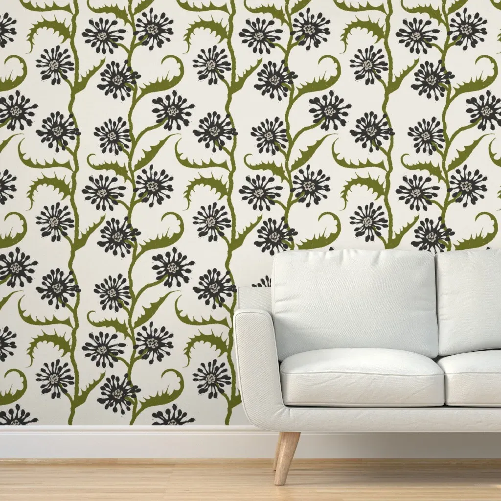 Boho Chic Floral Vine Block Print Peel and Stick Wallpaper - Dark Olive Green product