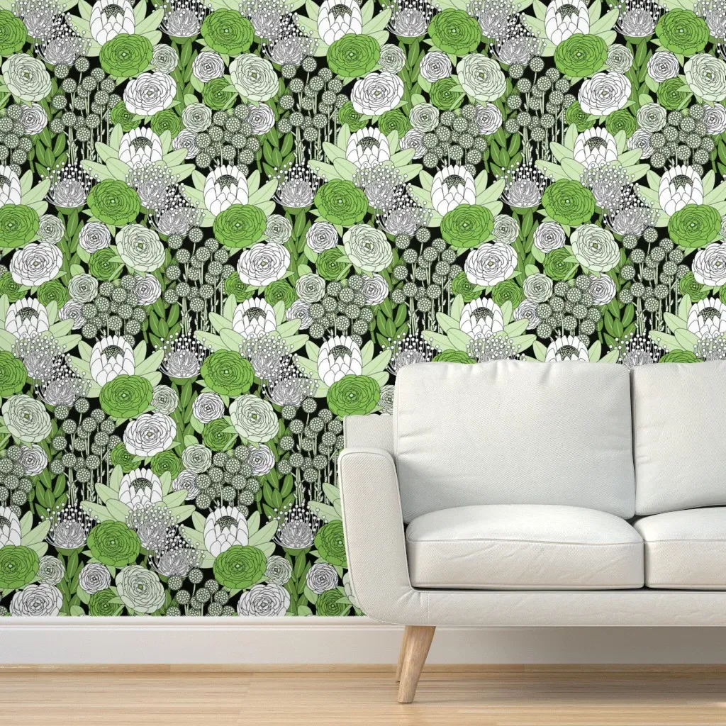 Boho Chic Flowers Peel and Stick Wallpaper - Green, Black product