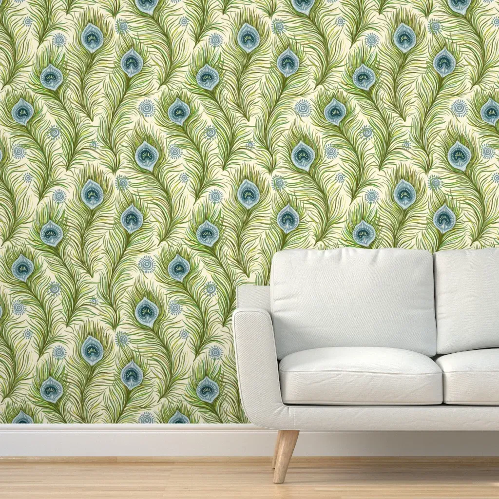Boho Chic Peacock Feathers Peel and Stick Wallpaper - Teal product