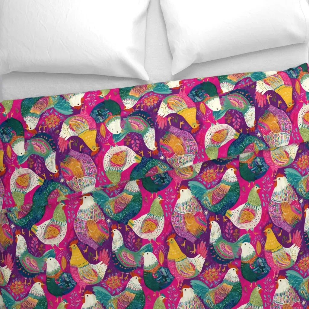 Boho Colorful Chicken Pattern Duvet Cover - Pink alternate view