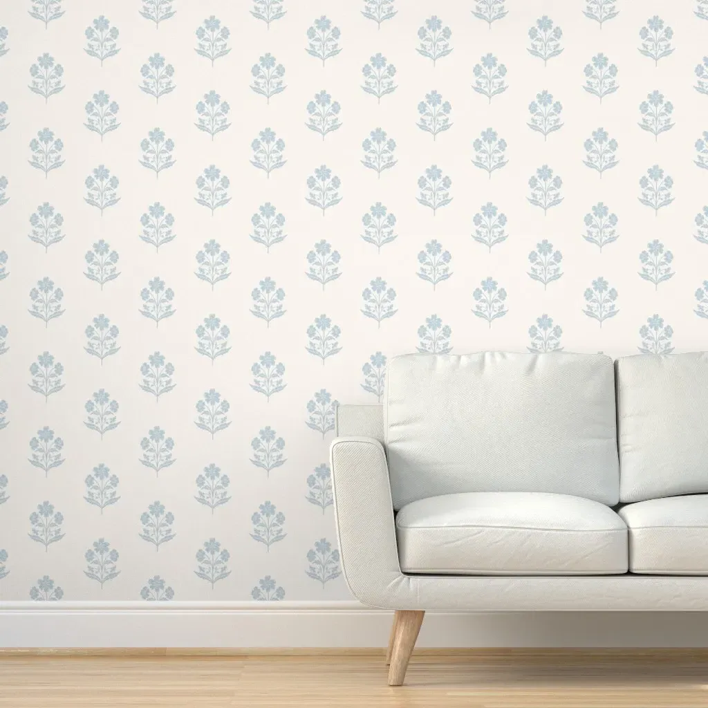 Boho Floral Block Print Peel and Stick Wallpaper - Ivory, Denim Blue product