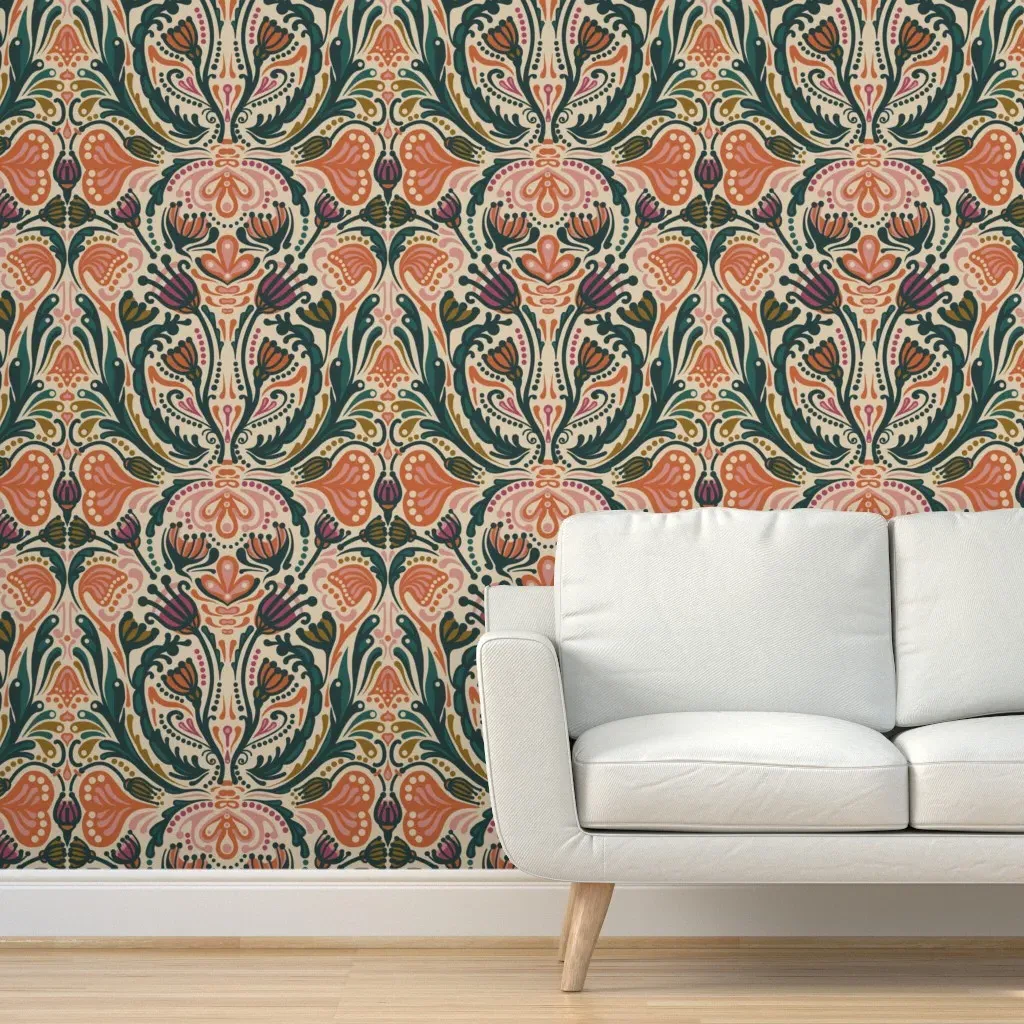 Boho Floral Folksy Peel and Stick Wallpaper - Burnt Orange product
