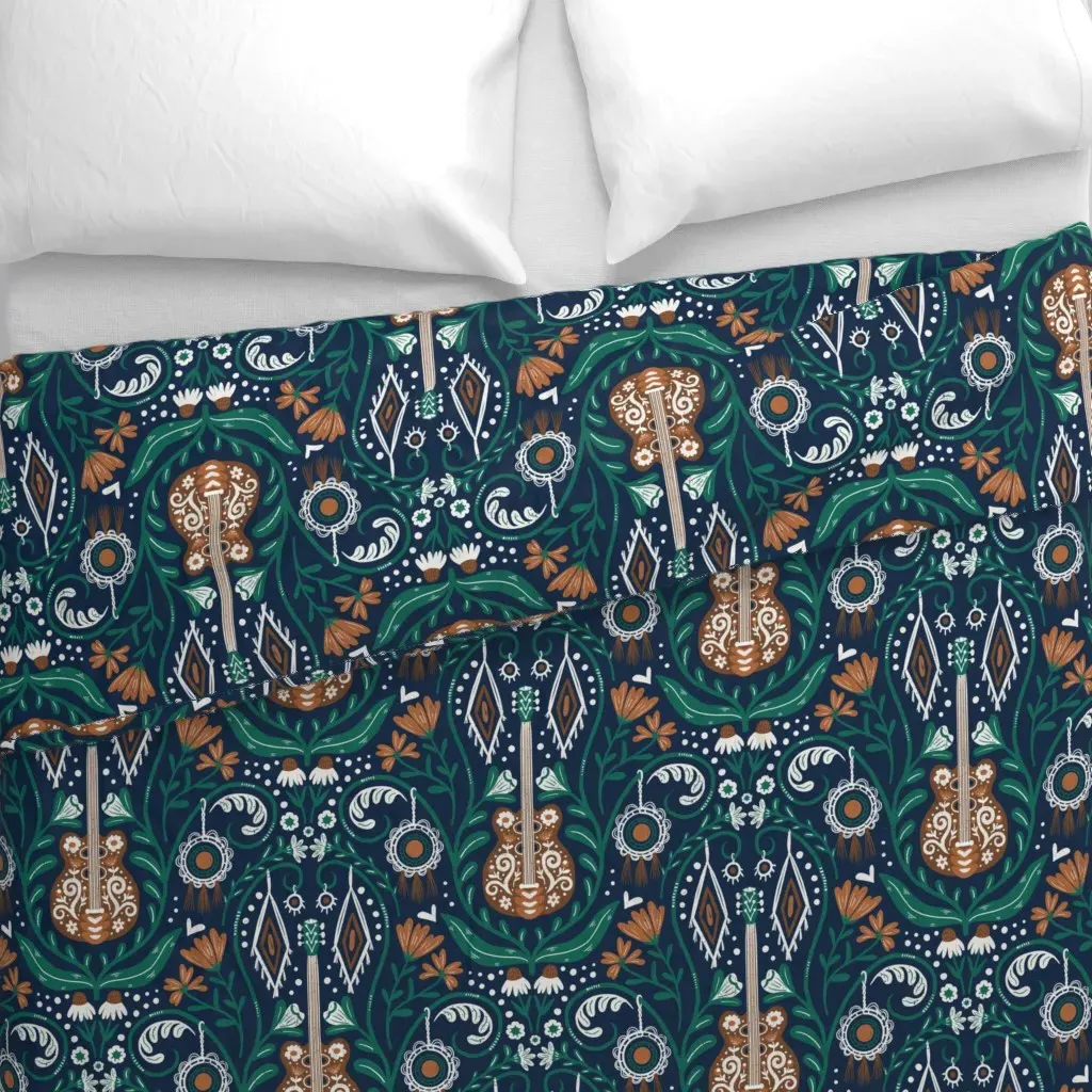 Boho Guitar Floral Pattern Duvet Cover - Green alternate view