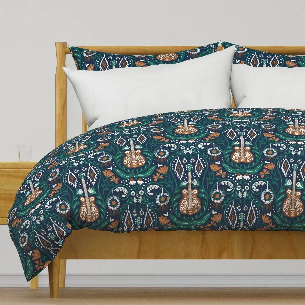 Boho Guitar Floral Pattern Duvet Cover - Green product