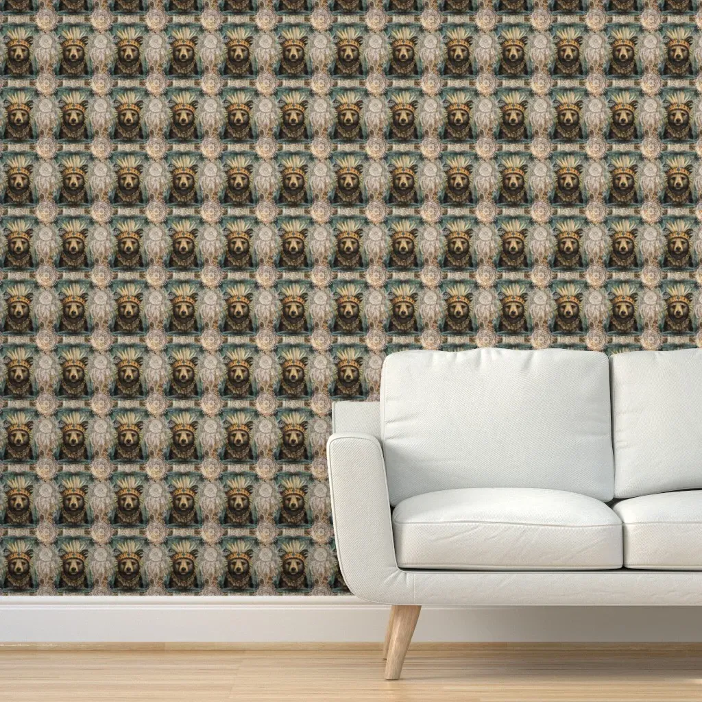 Boho Indian Bear Feathers Dreamcatcher Peel and Stick Wallpaper - Brown product