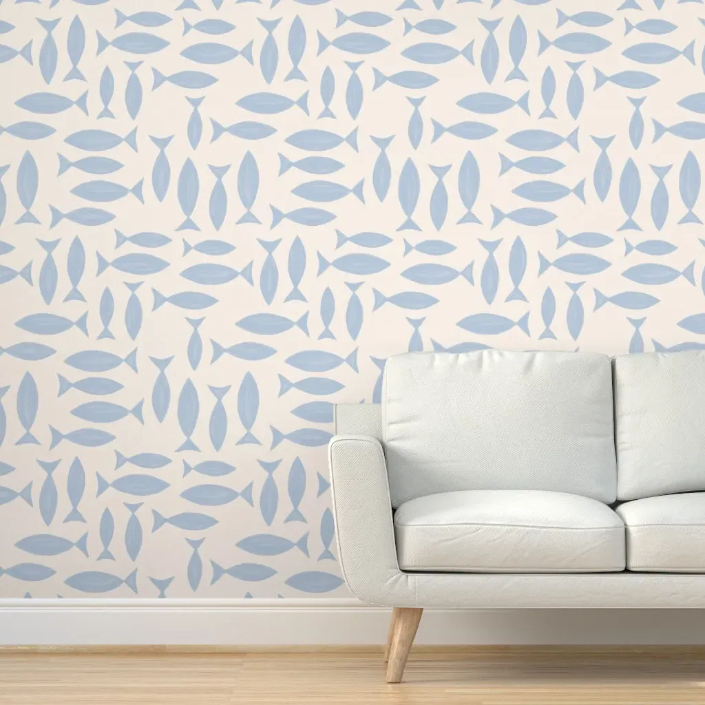 Boho Nautical Hand Painted Watercolour Fish Peel and Stick Wallpaper - Light Blue product