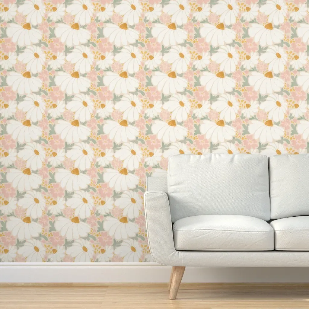 Boho Pastel Daisy Peel and Stick Wallpaper - White product