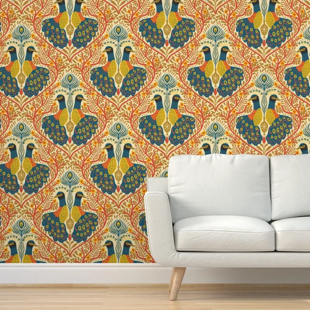 Boho Peacock Art Nouveau Peel and Stick Wallpaper - Teal product