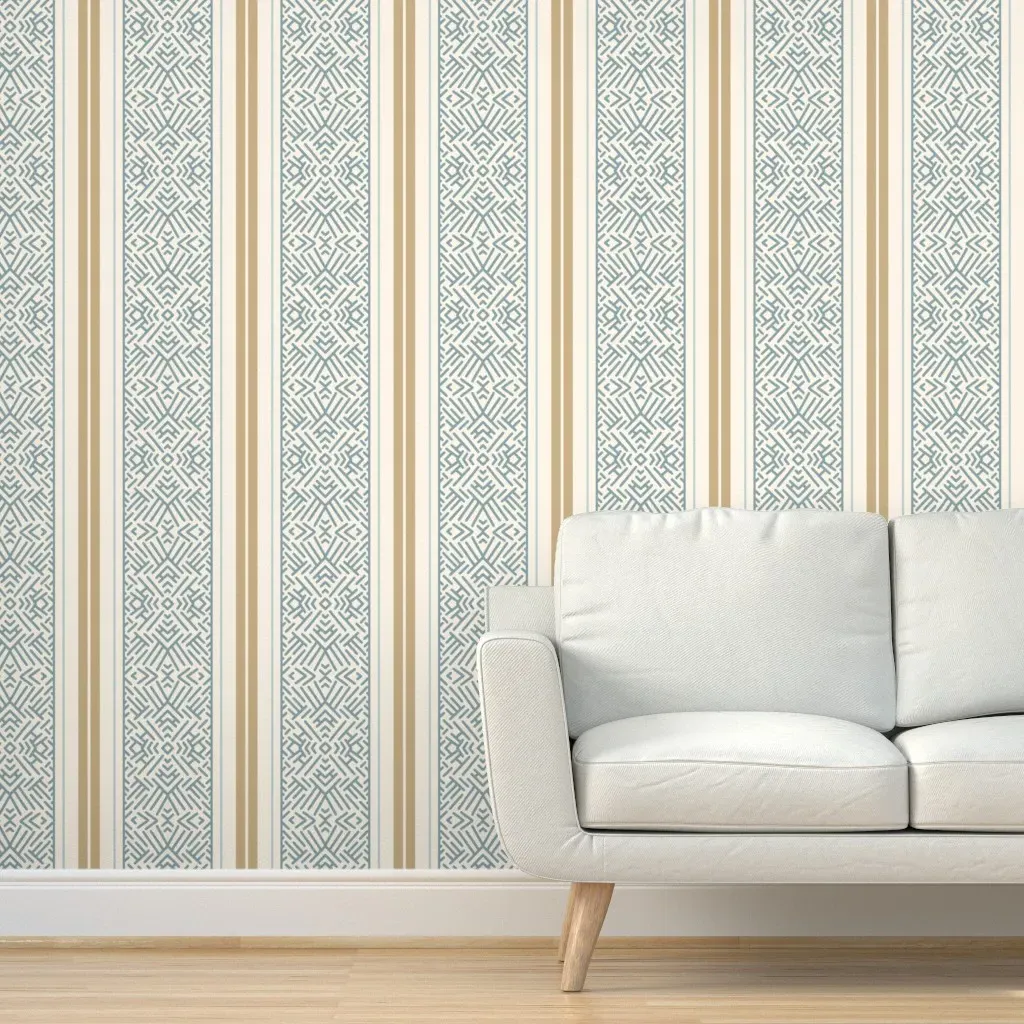 Boho Stripes Peel and Stick Wallpaper - Dusty Blue, Gold product