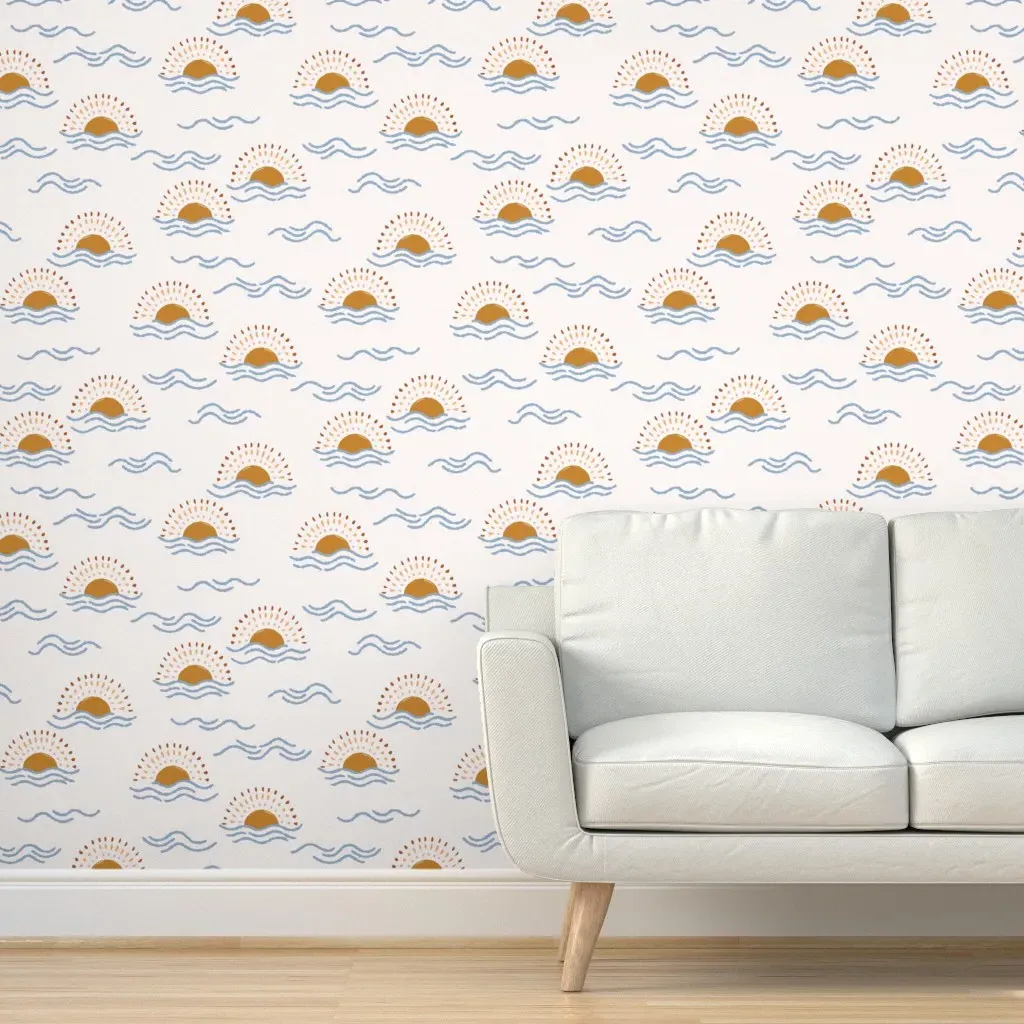 Boho Sun and Ocean Waves Peel and Stick Wallpaper Large Scale - Golden Yellow product
