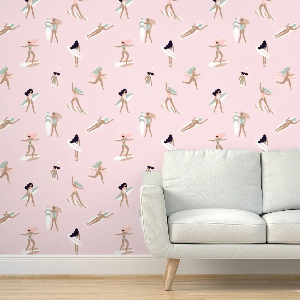 Boho Surfer Girls Pastel Beach Peel and Stick Wallpaper - Pink product