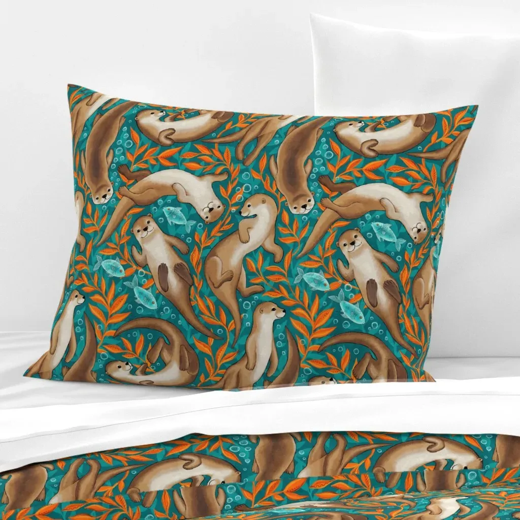 Boho Swimming Otters Standard Pillow Cover - Teal, Cotton Sateen product