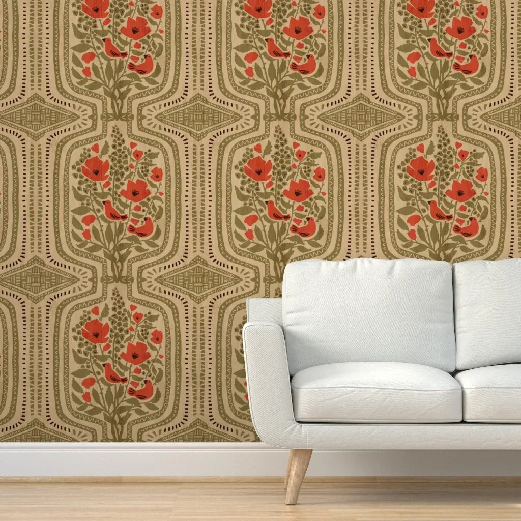 Boho Terrarium With Poppies & Tanagers Peel and Stick Wallpaper - Red-Orange product