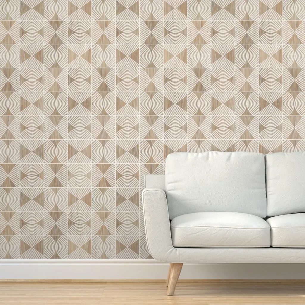 Boho Tribal Woodcut Geometric Peel and Stick Wallpaper - Light Brown product