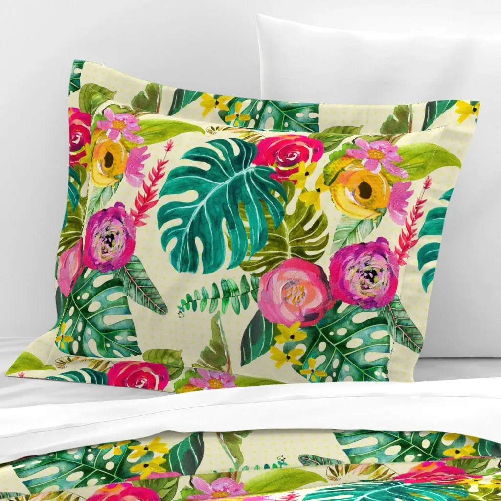 Boho Tropical Floral Standard Flanged Cushion Cover - Pink, Cotton Sateen product