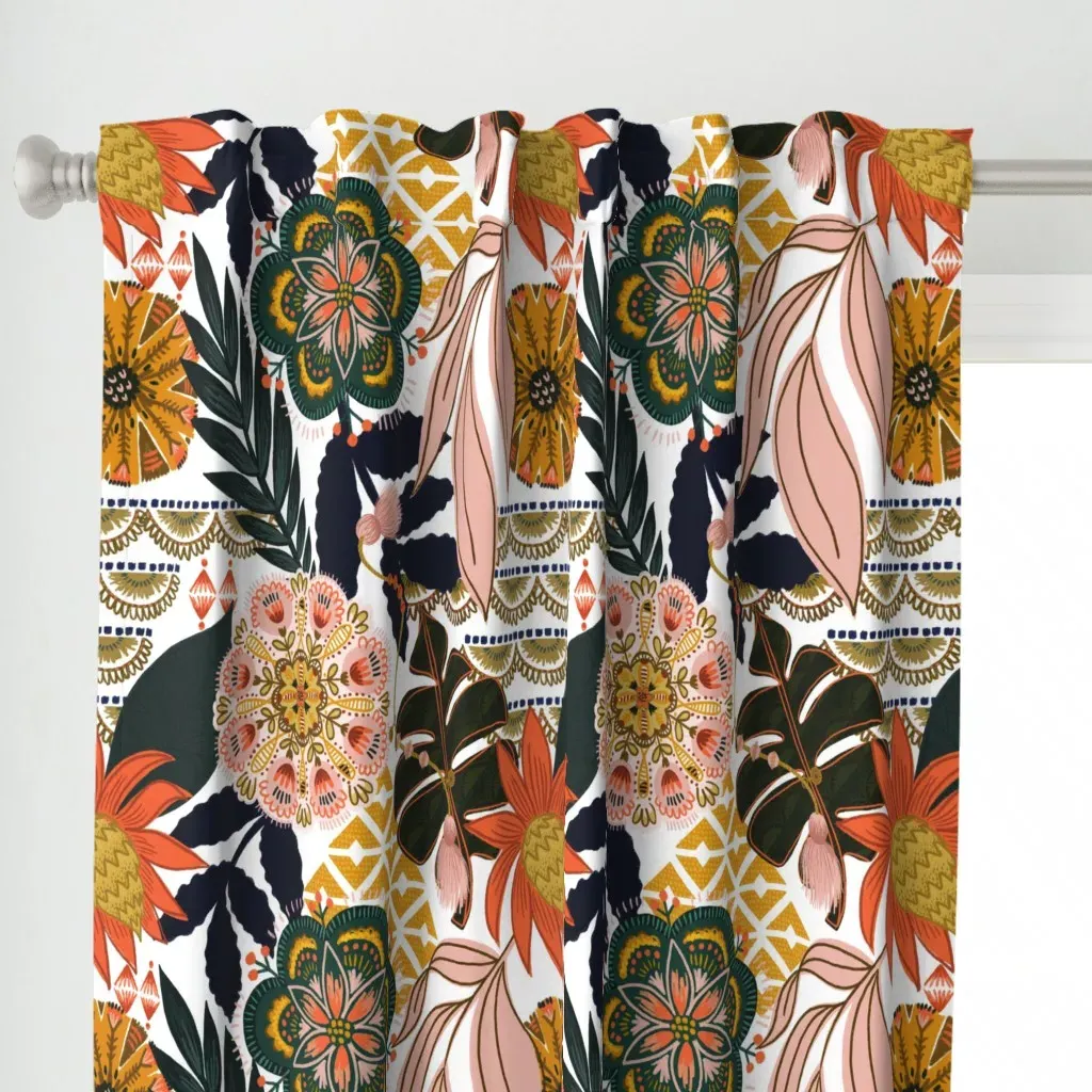 Boho Tropical Navy Curtain Panel - Orange alternate view