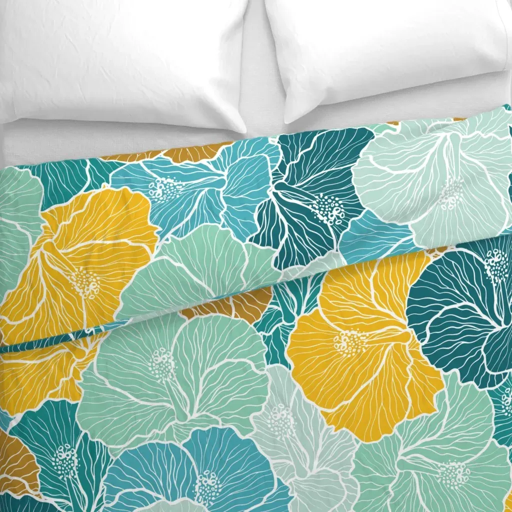 Bold Floral Hibiscus Flowers Duvet Cover - Teal alternate view