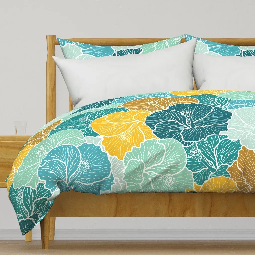Bold Floral Hibiscus Flowers Duvet Cover - Teal product