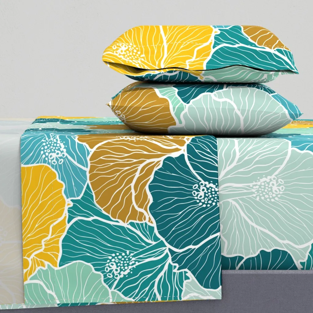 Bold Floral Hibiscus Queen Sheet Set - Teal product