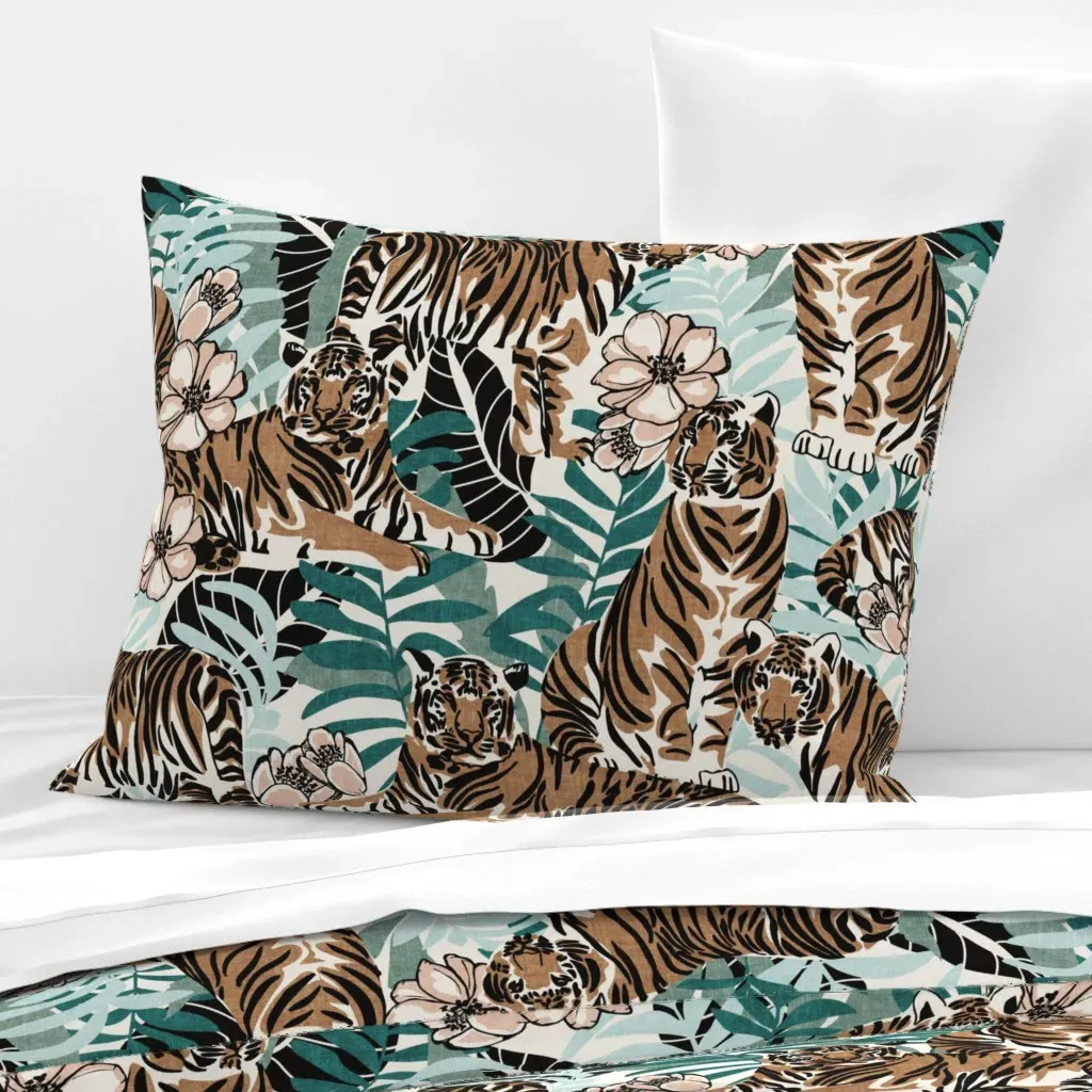 Bold Tigers Jungle Tropical Leaves Standard Cushion Cover - Brown product