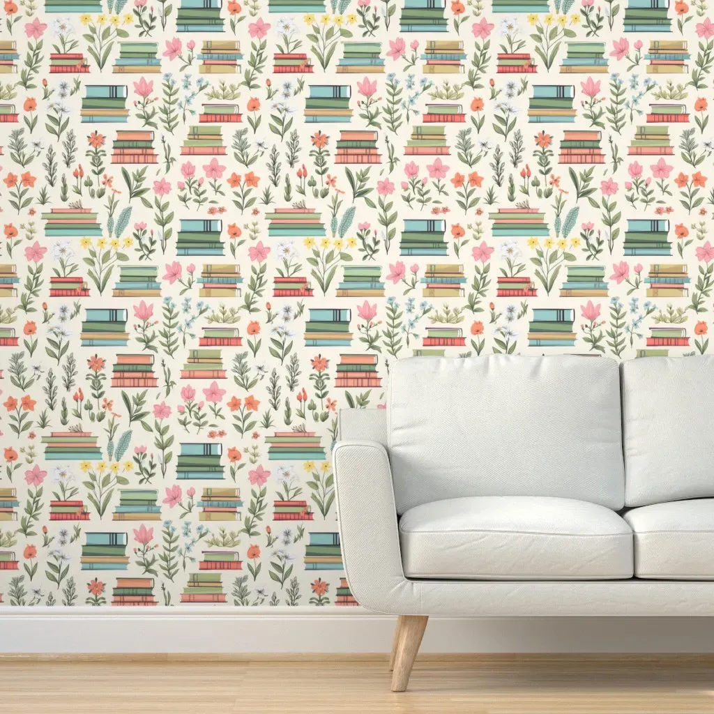 Book Nook Librarian Stacks & Flowers Peel and Stick Wallpaper - Green product