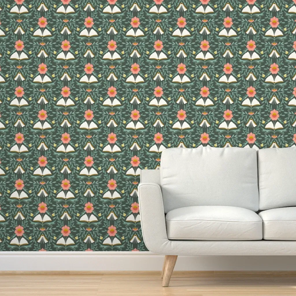 Books Disguised As Flowers Folk Art Library Wallpaper - Pink, Teal product