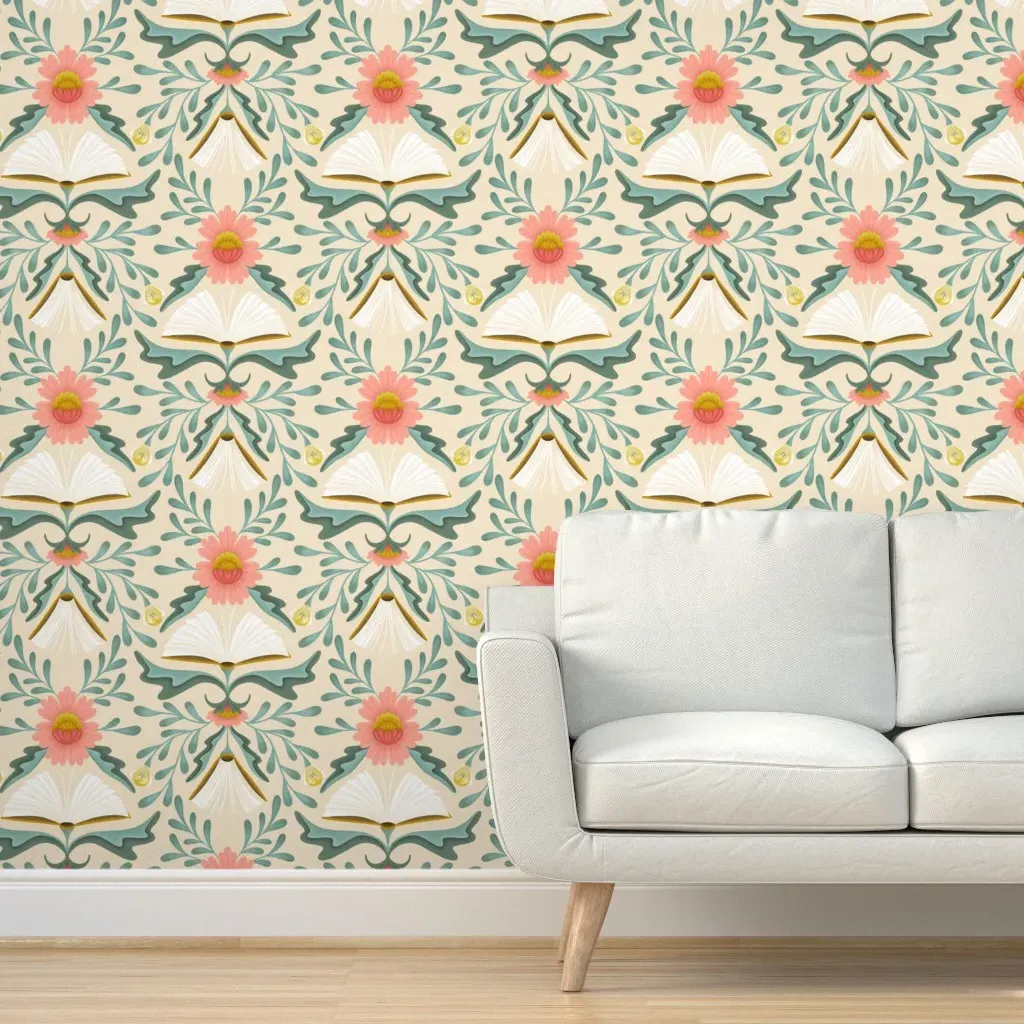 Books Disguised As Flowers Folk Art Peel and Stick Wallpaper - Beige, Green product