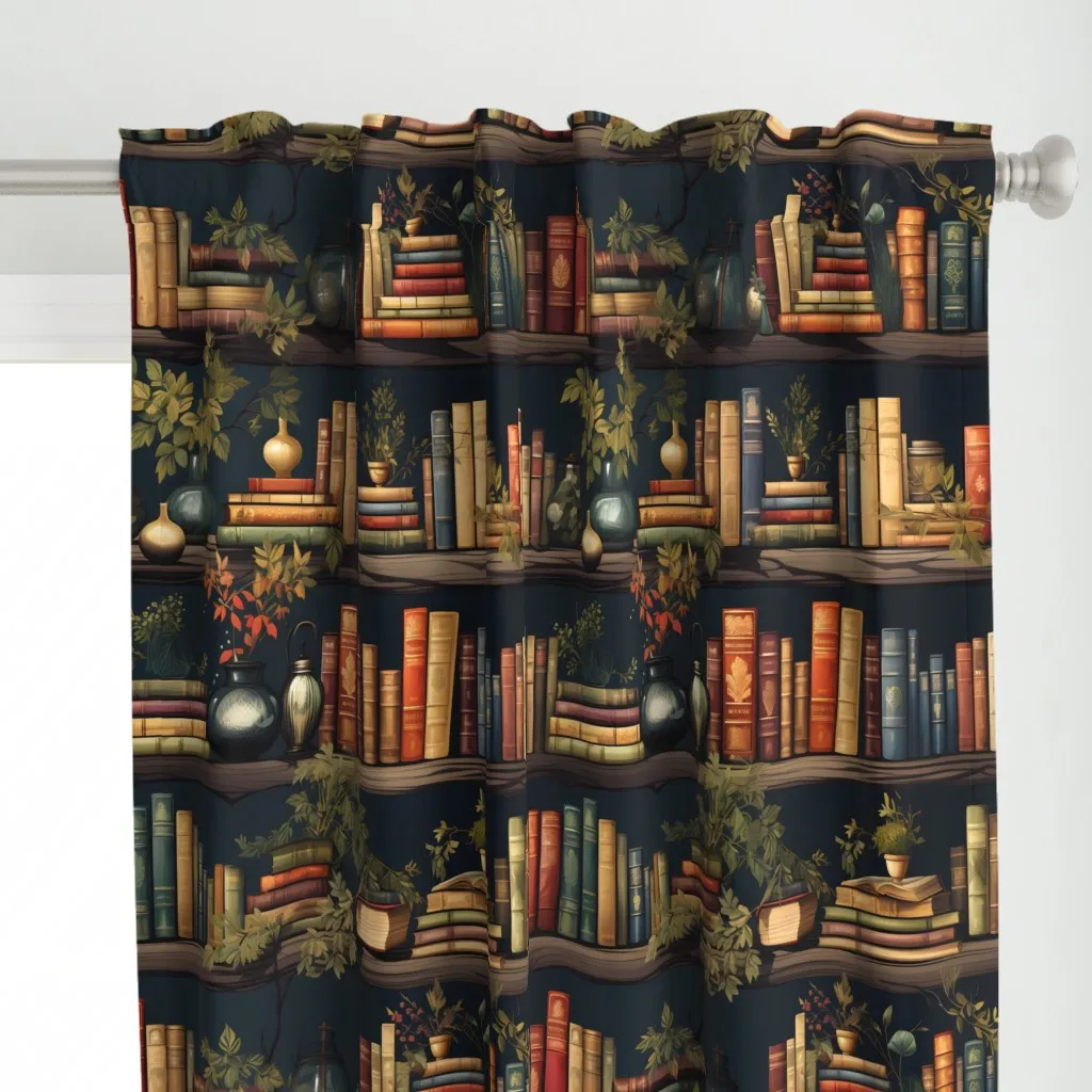 Books With Plants Curtain Panel - Dark Teal alternate view