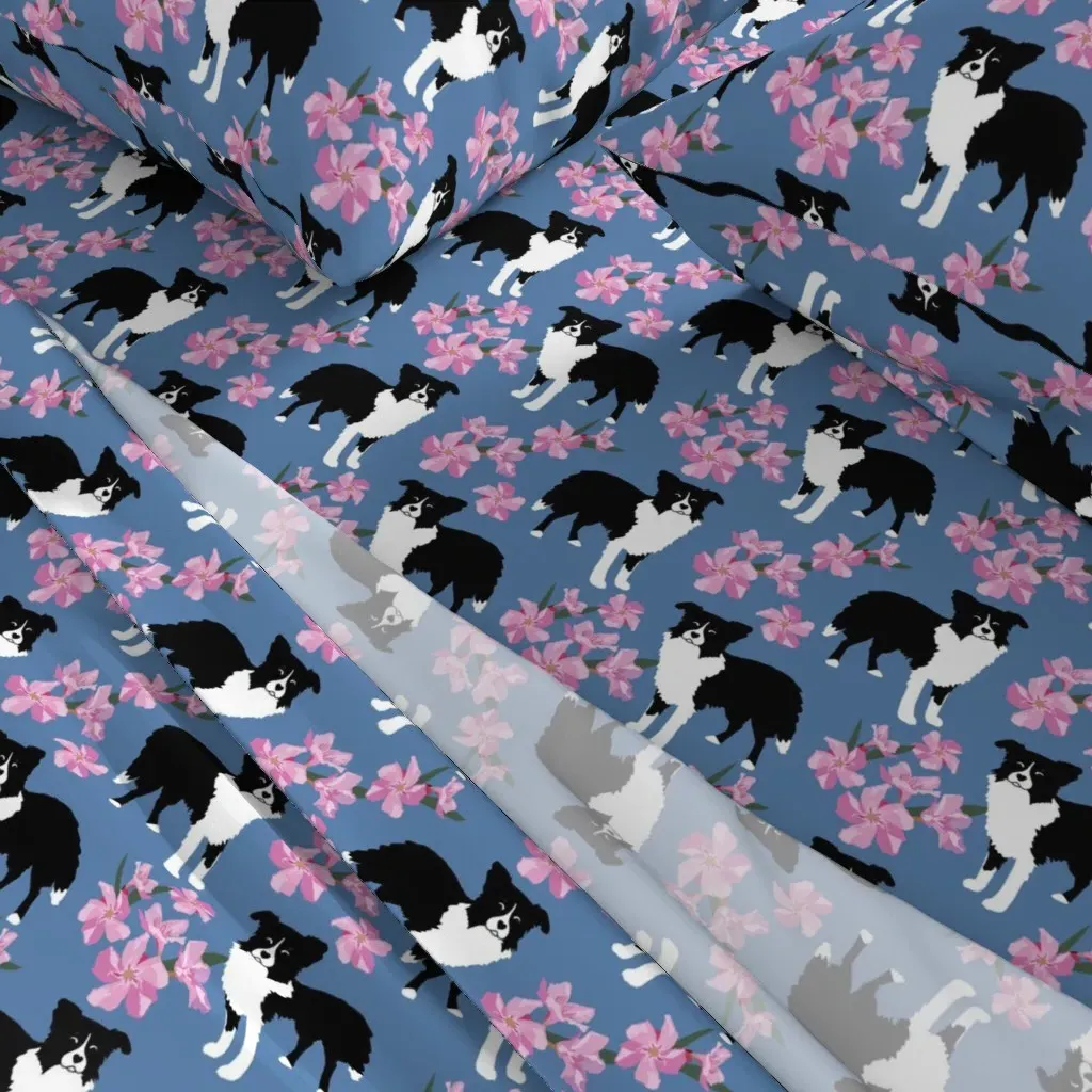Border Collie Pink Flowers Denim Twin Sheet Set - Blue alternate view