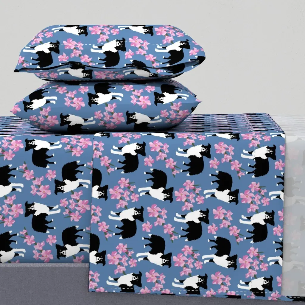 Border Collie Pink Flowers Denim Twin Sheet Set - Blue product
