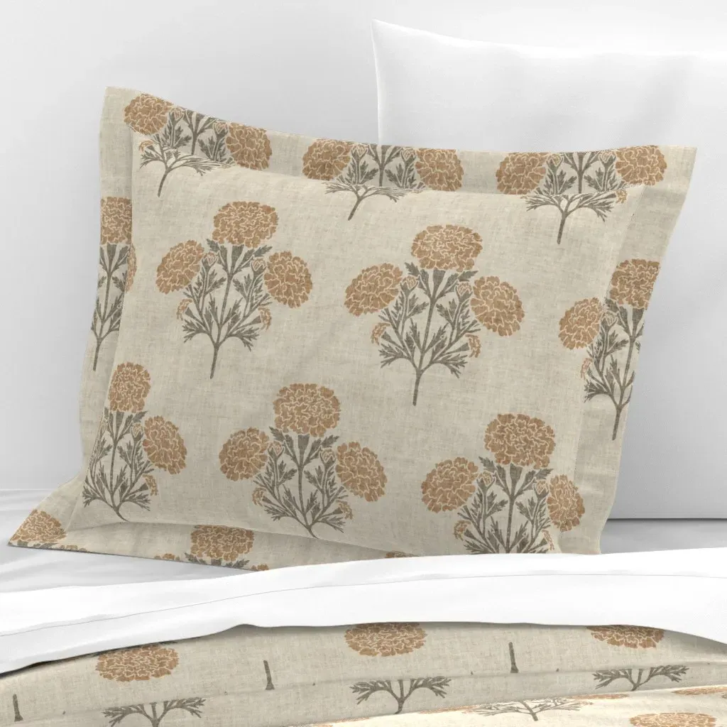 Botanical Block Print Floral Standard Flanged Cushion - Tan, Cotton Sateen product