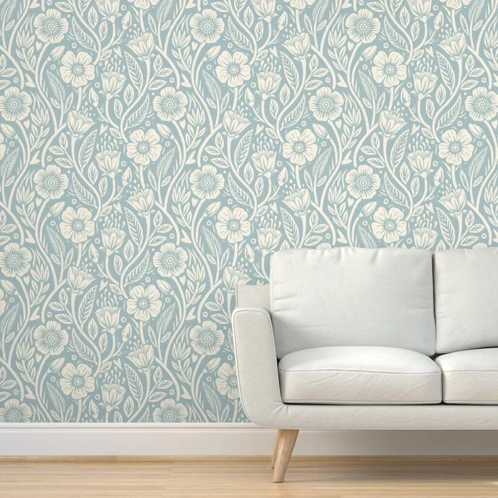 Botanical Block Print Peel and Stick Wallpaper - Mist Blue product