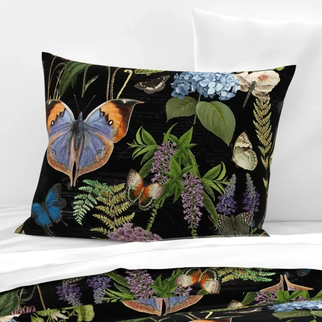 Botanical Cottagecore Butterfly Floral Standard Pillow Sham - Dark Green, Cotton Sateen product