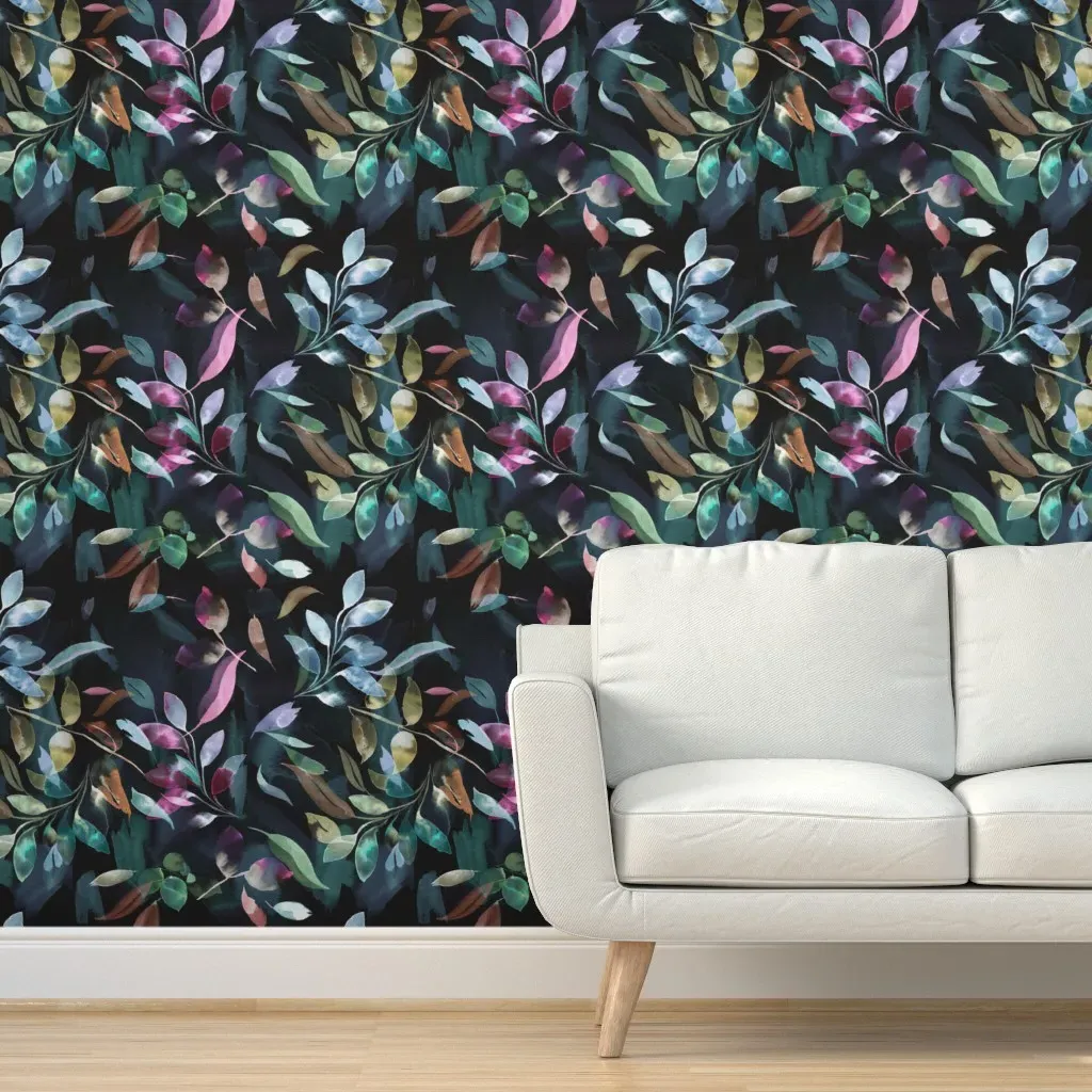 Botanical Foliage Autumn Watercolor Peel and Stick Wallpaper - Teal product