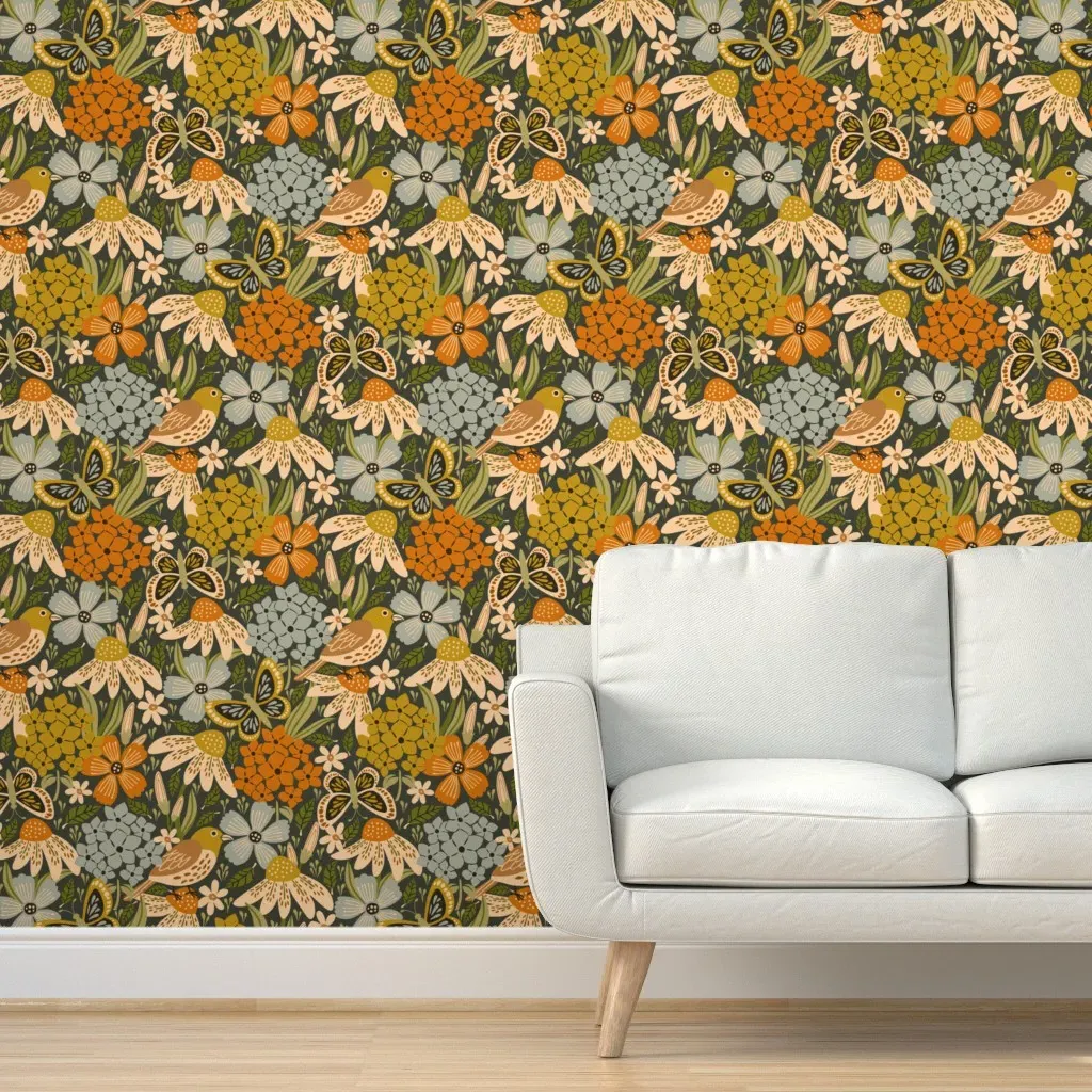 Botanical Garden Flowers & Birds Peel and Stick Wallpaper - Mustard Yellow product