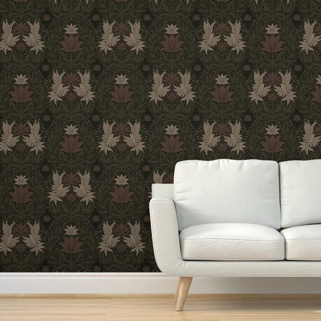 Botanical Gothic Art Nouveau Damask Peel and Stick Wallpaper - Dusty Rose product