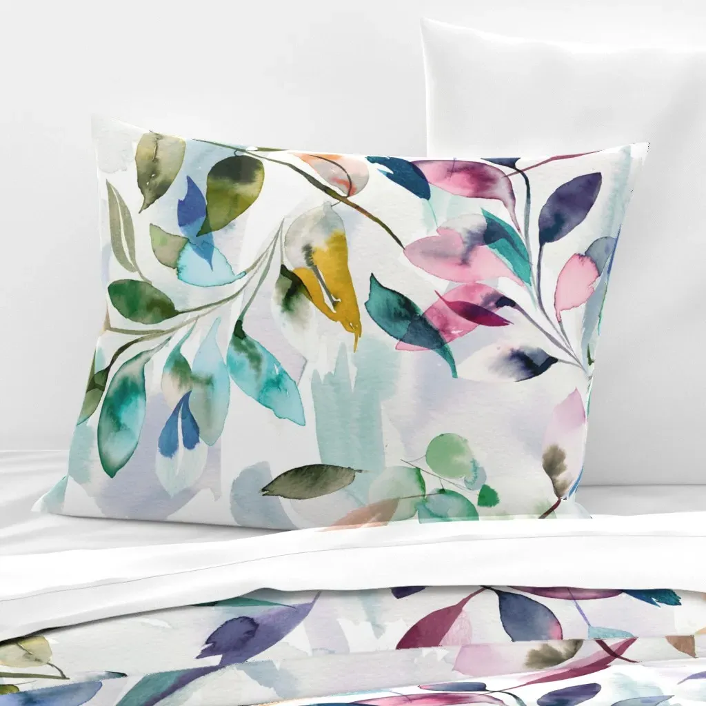 Botanical Grandmillennial Watercolor Leaves Standard Pillow - Teal, Cotton Sateen product